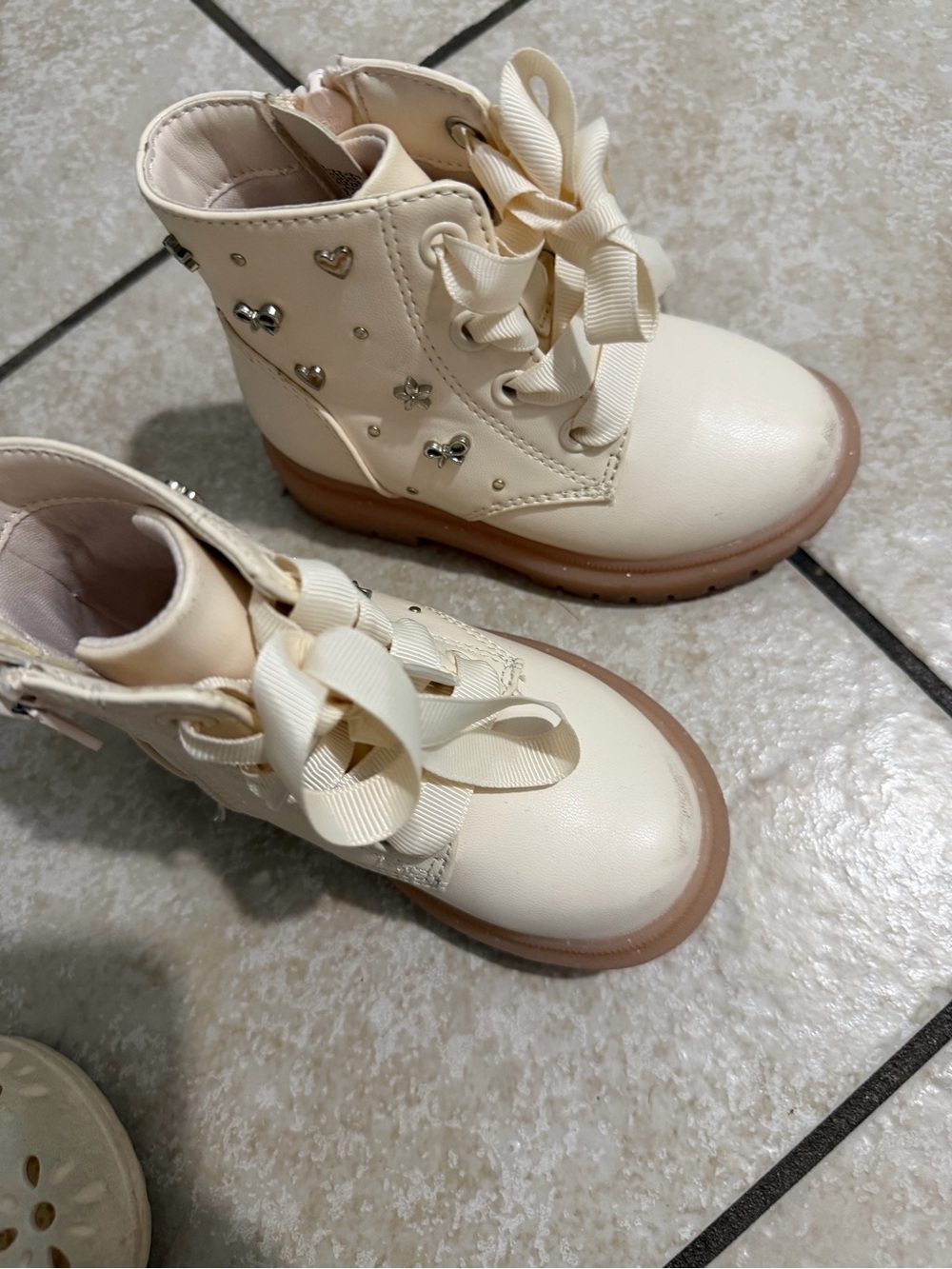 Kids Cream Lace-Up Ankle Boots with Heart Accents